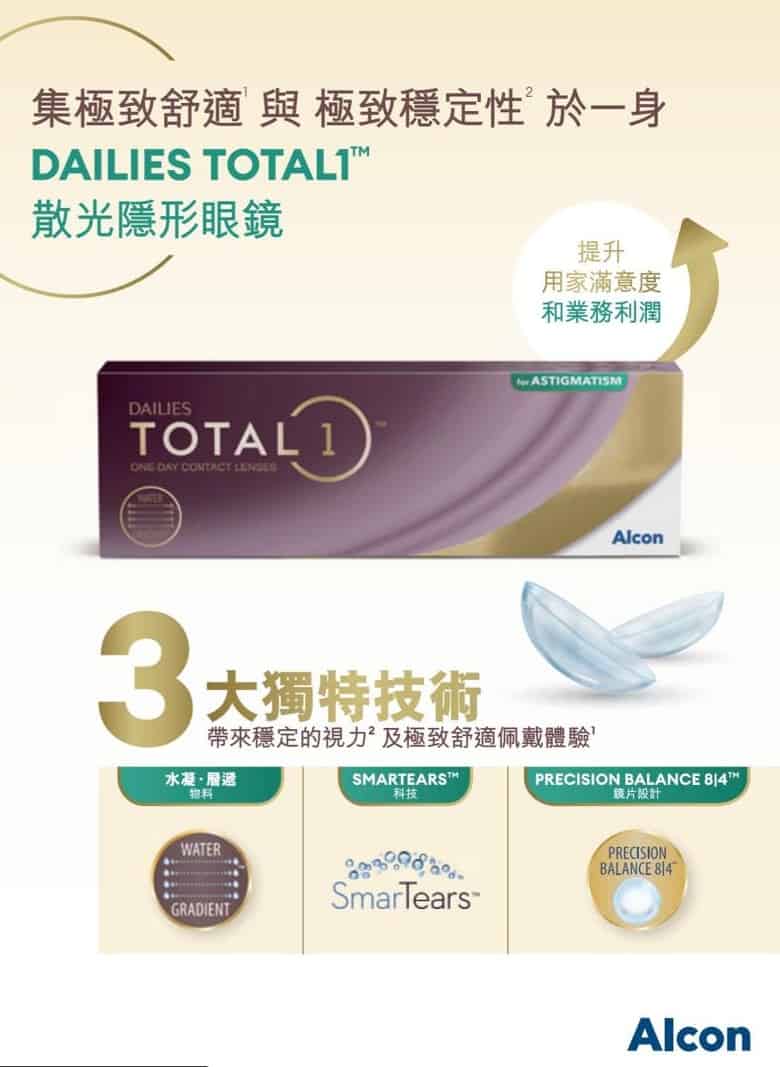 TOTAL 1 FOR ASTIGMATISM(近視+散光 -1.75 及 -2.25)ALCON每日即棄散光隱形眼鏡